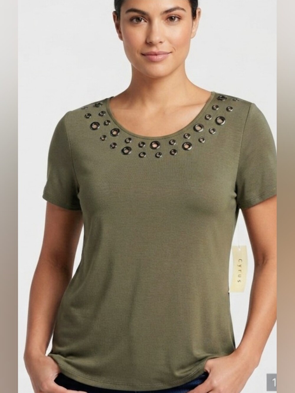 Clearance 🔥CYRUS NWT Olive Green Grommet Studded Short Sleeve Top Size M
